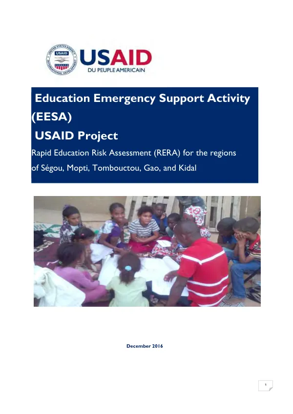 Education emergency support activity (EESA) : Mali rapid education risk assessment (RERA) for the regions of Segou, Mopti, Tombouctou, Gao, and Kidal
