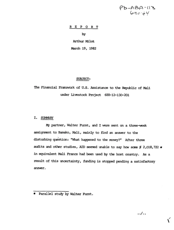 Report [: financial framework of US assistance to the Republic of Mali under livestock project 688-12-130-201]