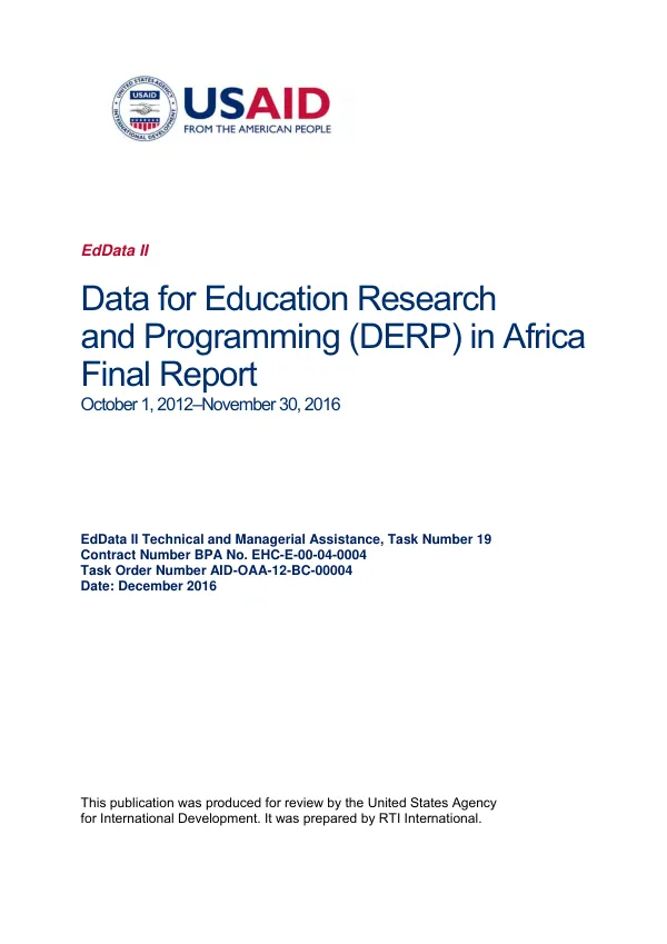 Data for education research and programming (DERP) in Africa : final report, October 1, 2012 -November 30, 2016