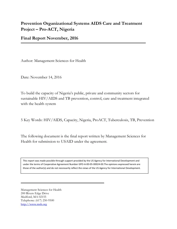 Prevention organizational systems AIDS care and treatment project - pro-ACT, Nigeria : final report