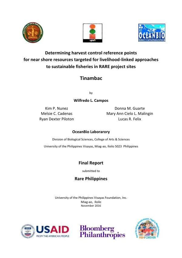 Determining harvest control reference points for near shore resources targeted for livelihood-linked approaches to sustainable fisheries in RARE project sites : Tinambac : final report