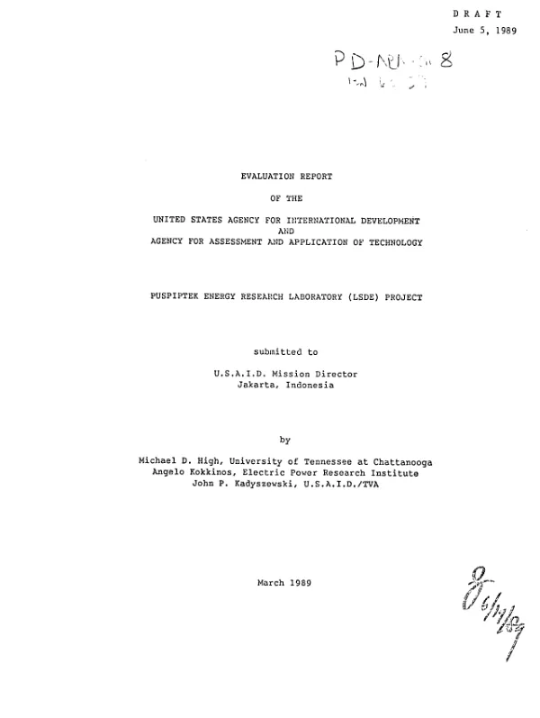 Evaluation report of the United States Agency for International Development and Agency for Assessment and Application of Technology -- PUSPIPTEK Energy Research Laboratory (LSDE) project