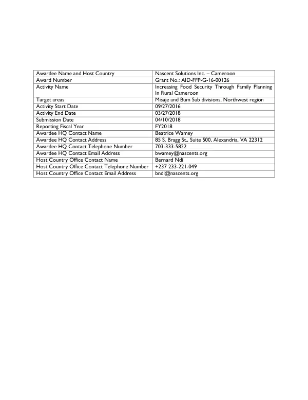 [Nascent Solutions : IFRP Cameroon final project activities and results narrative, FY17]