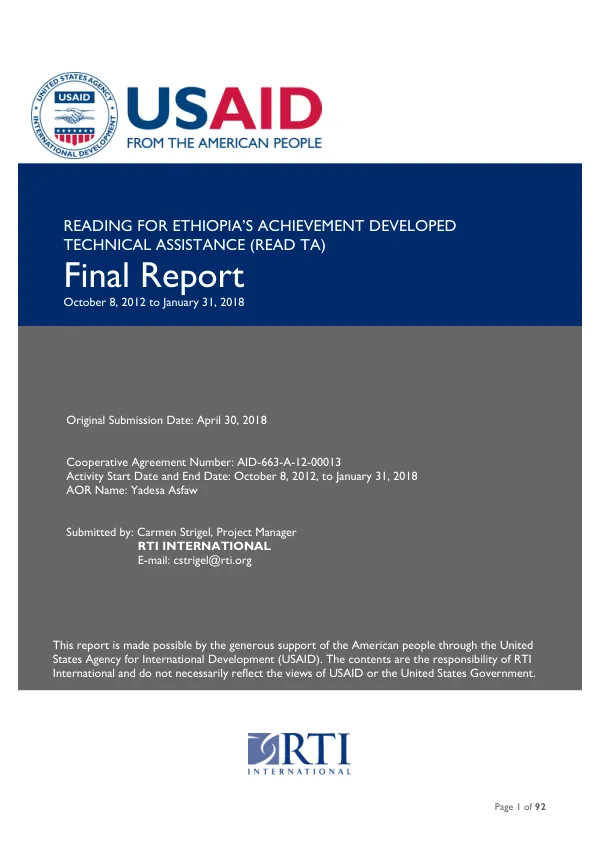 Reading for Ethiopia’s achievement developed technical assistance (READ TA) : final report, October 8, 2012 to January 31, 2018