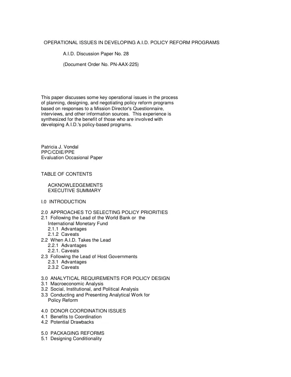 Operational issues in developing AID policy reform programs