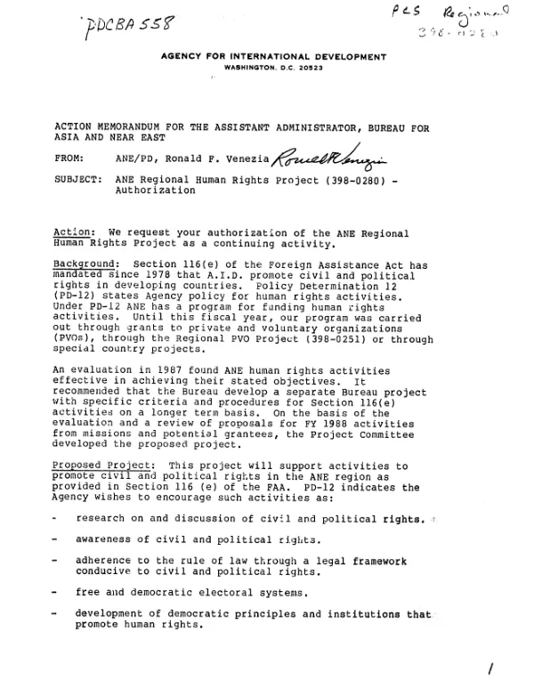 Action memorandum from the Assistant Administrator, Bureau for Asia and Near East [: ANE regional human rights project (398-0280) - authorization]