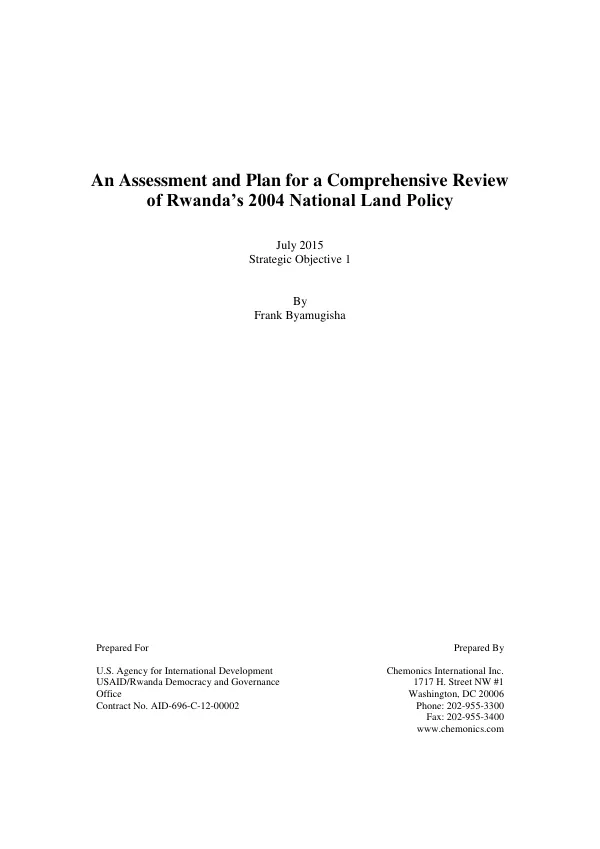 An assessment and plan for a comprehensive review of Rwanda"s 2004 national land policy