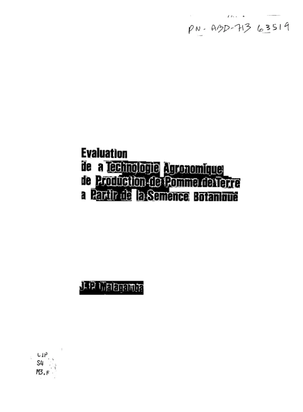 Evaluation de la technologie agronomique de production de pomme de terre a partir de la semence botanique