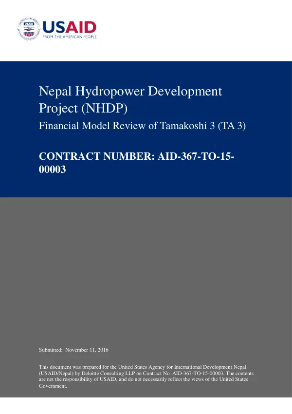 Nepal hydropower development project (NHDP) : financial model review of tamakoshi 3 (TA 3)