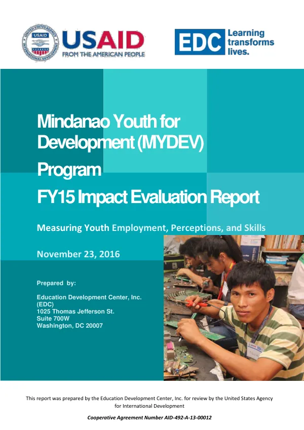 Mindanao youth for development (MYDev) program FY15 impact evaluation report : measuring youth employment, perceptions, and skills