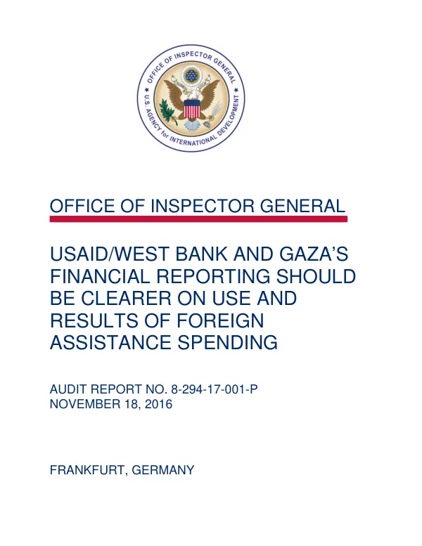 USAID/West Bank and Gaza’s financial reporting should be clearer on use and results of foreign assistance spending