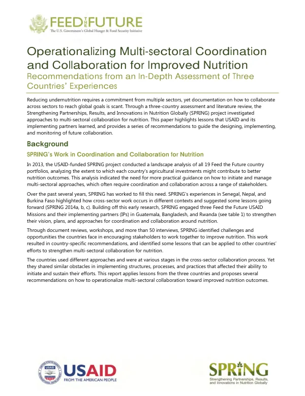 Operationalizing multi-sectoral coordination and collaboration for improved nutrition : recommendations from an in-depth assessment of three countries" experiences