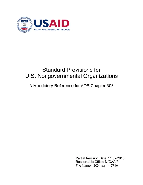Standard provision for U.S. nongovernmental organizations : a mandatory reference for ADS chapter 303