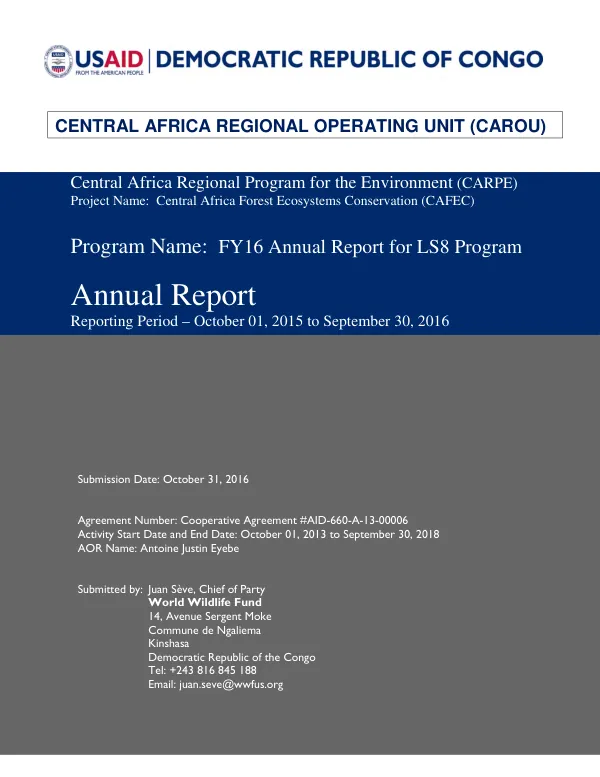 Central Africa regional program for the environment (CARPE) annual report : reporting period - October 01, 2015 to September 30, 2016