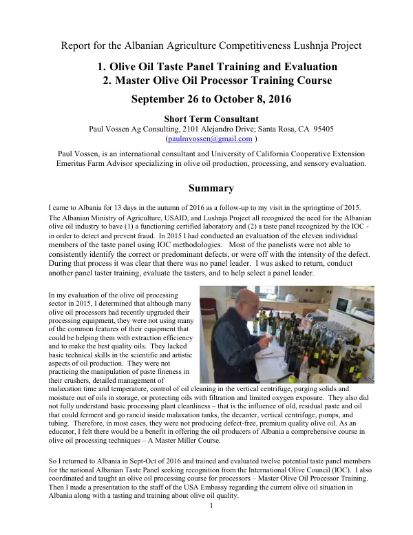 Olive oil taste panel training and evaluation and master olive oil processor training course, September 26 to October 8, 2016