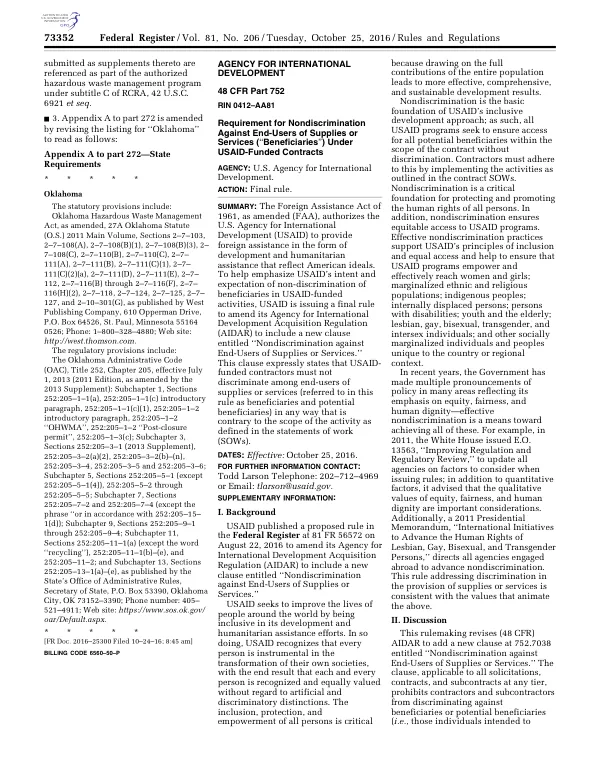 Agency for International Development : 48 CFR Part 752 : requirement for nondiscrimination against end-users of supplies or services ("beneficiaries") under USAID-funded contracts