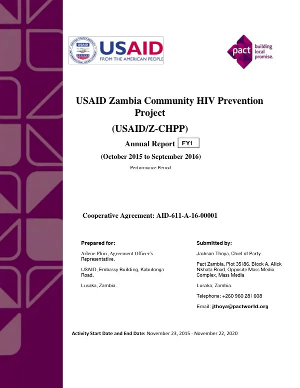 USAID Zambia community HIV prevention project (USAID/CHPP) : annual report, October 2015 to September 2016