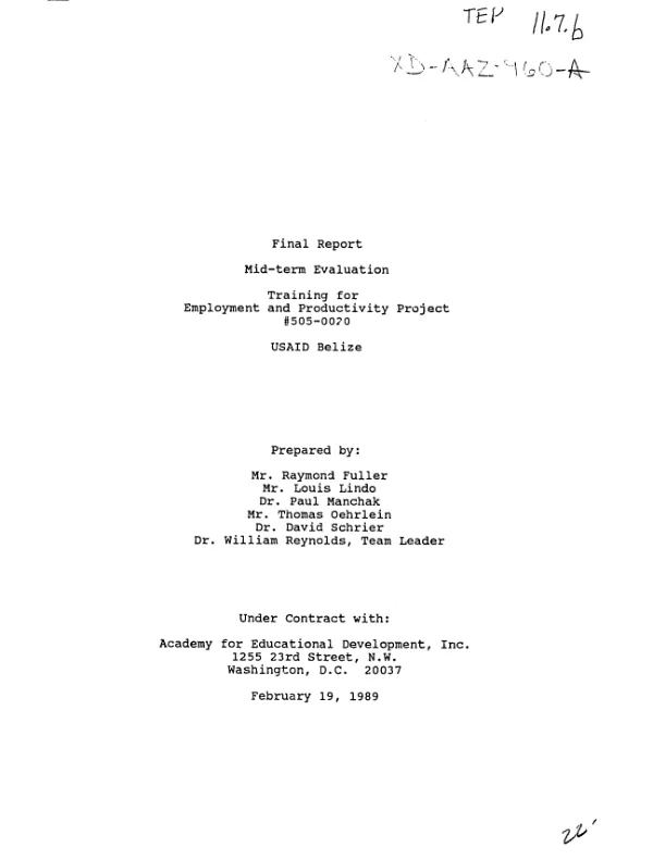Final report -- mid-term evaluation : training for employment and productivity project, #505-0020
