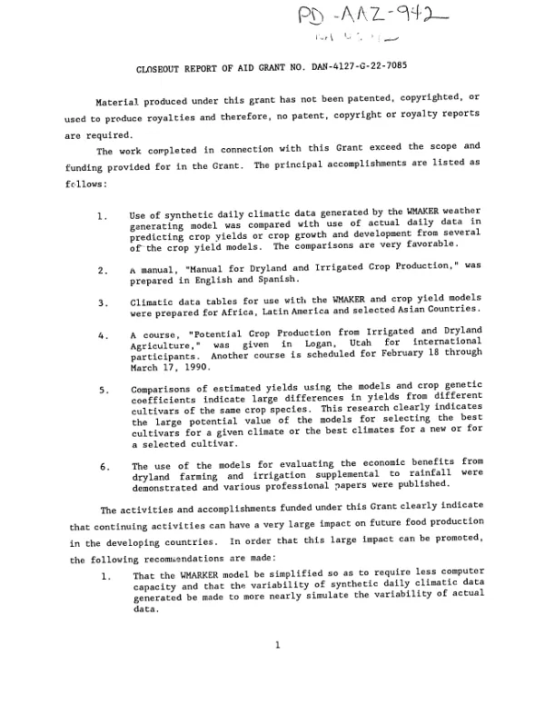 Closeout report of AID no. DAN-4127-G-22-7085-00