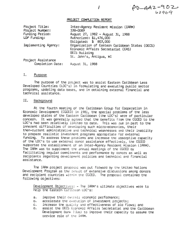 Project completion report [: Inter-Agency Resident Mission (IARM)]