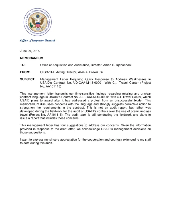Management letter requiring quick response to address weaknesses in USAID"s contract no. AID-OAA-M-15-00001 with C.I. Travel Center (project no. AA101115)