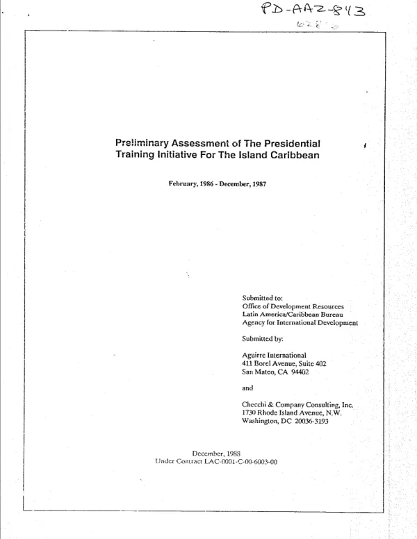 Preliminary assessment of the presidential training initiative for the island Caribbean, February 1986-December 1987