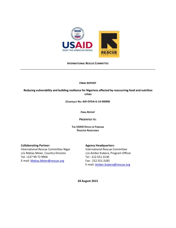 Final report : reducing vulnerability and building resilience for Nigeriens affected by reoccurring food and nutrition crises