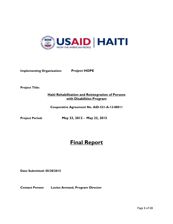Haiti rehabilitation and reintegration of persons with disabilities program : cooperative agreement no. AID-521-A-12-00011 : final report