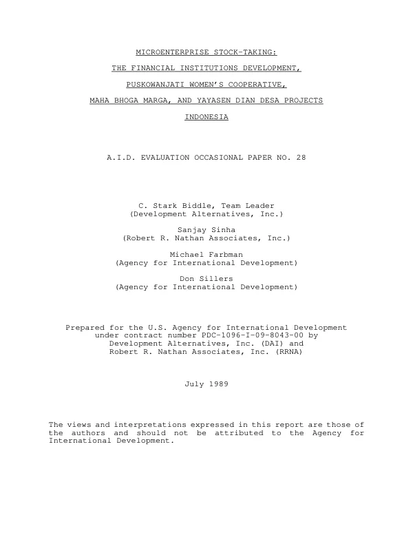 Microenterprise stock-taking : the financial institutions development, Puskowanjati Women's Cooperative, Maha Bhoga Marga, and Yayasen Dian Desa projects, Indonesia