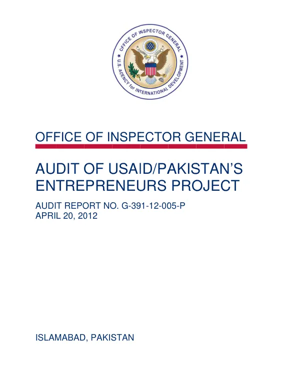 Audit of USAID/Pakistan"s entrepreneurs project