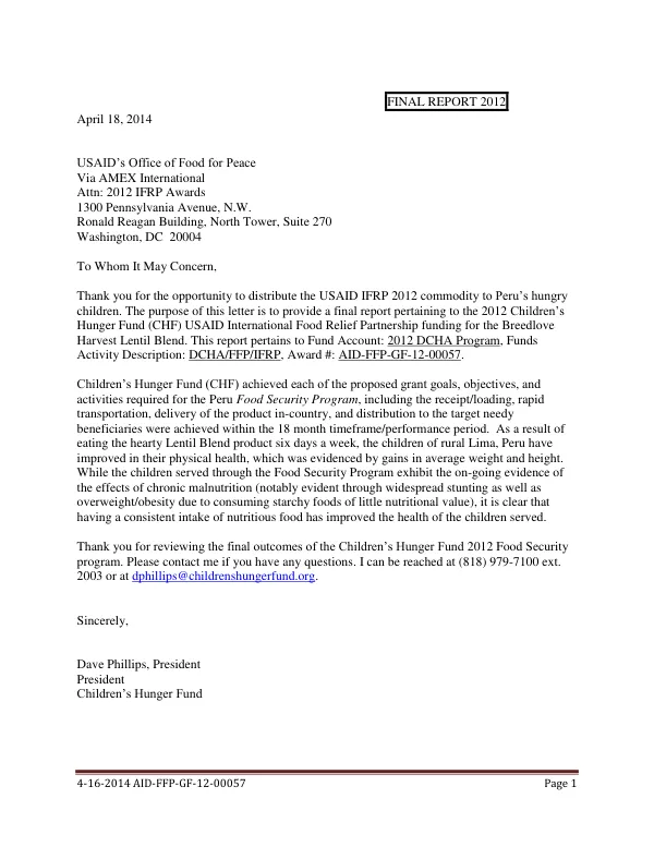 Final report : USAID FFP 2012 children"s hunger fund food security program