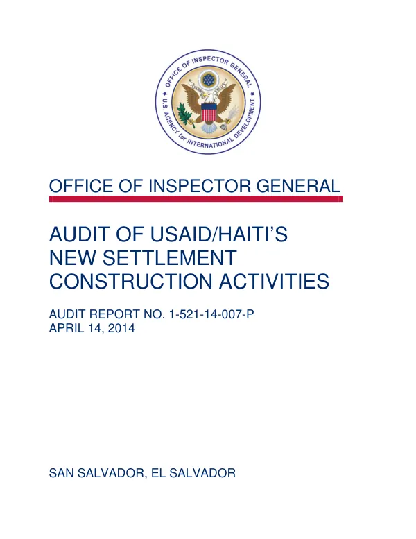 Audit of USAID/Haitis new settlement construction activities