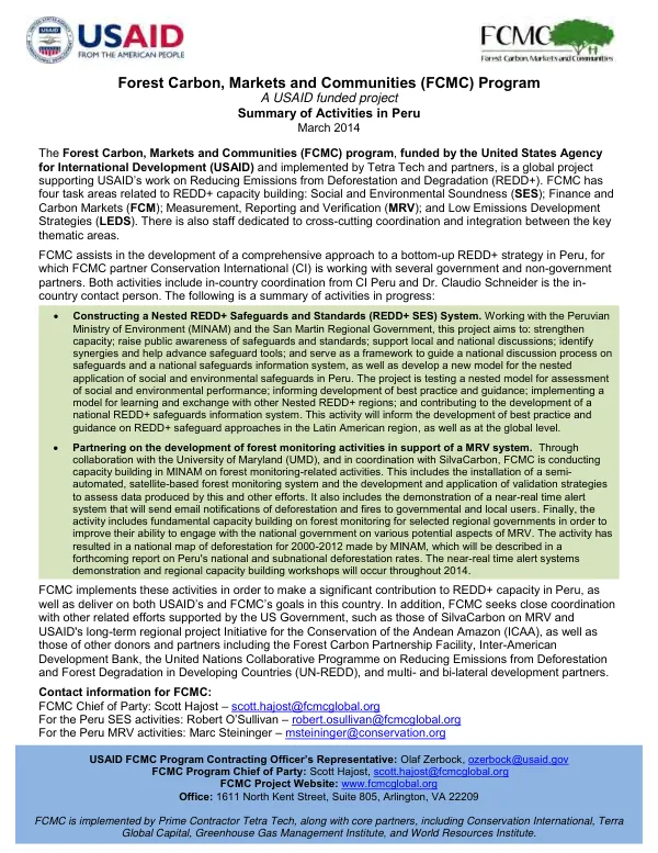 Forest carbon, markets and communities (FCMC) program, a USAID funded project : summary of activities in Peru