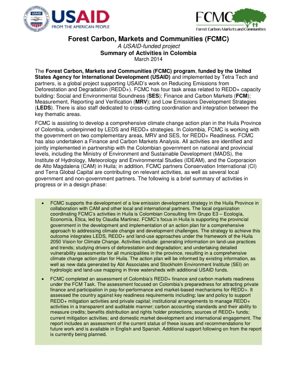 Forest carbon, markets and communities (FCMC), USAID-funded project : summary of activities in Colombia