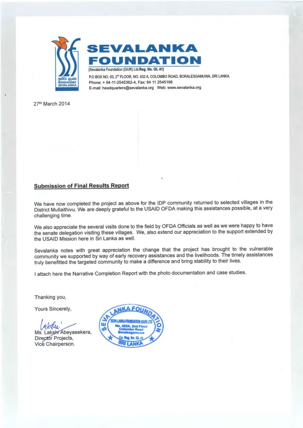 Final completion report. July 2012-December 2013, project no. AID OFDA12 G 00011 : humanitarian response to address immediate basic needs of recovery of the returnees into the PTK DS Division of the District Mullaitivu