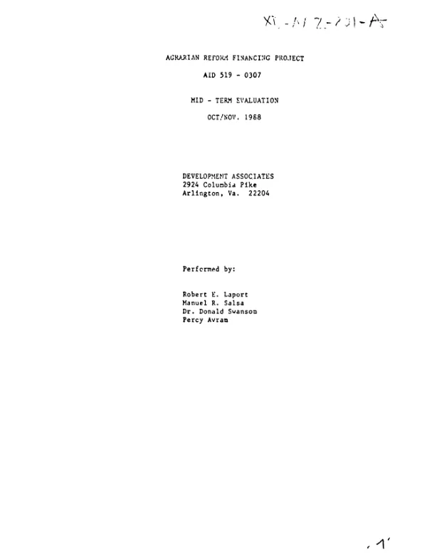 Agrarian reform financing project, AID 519-0307 : mid-term evaluation, Oct/Nov 1988