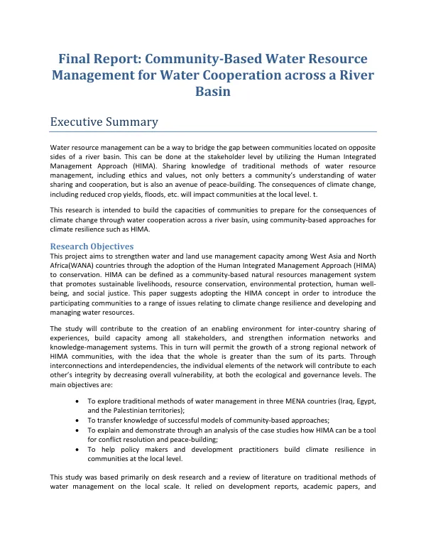 Final report : community based water resource management for water cooperation across a river basin