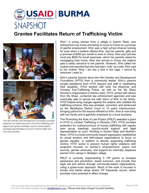 Snapshot : grantee facilitates return of trafficking victim