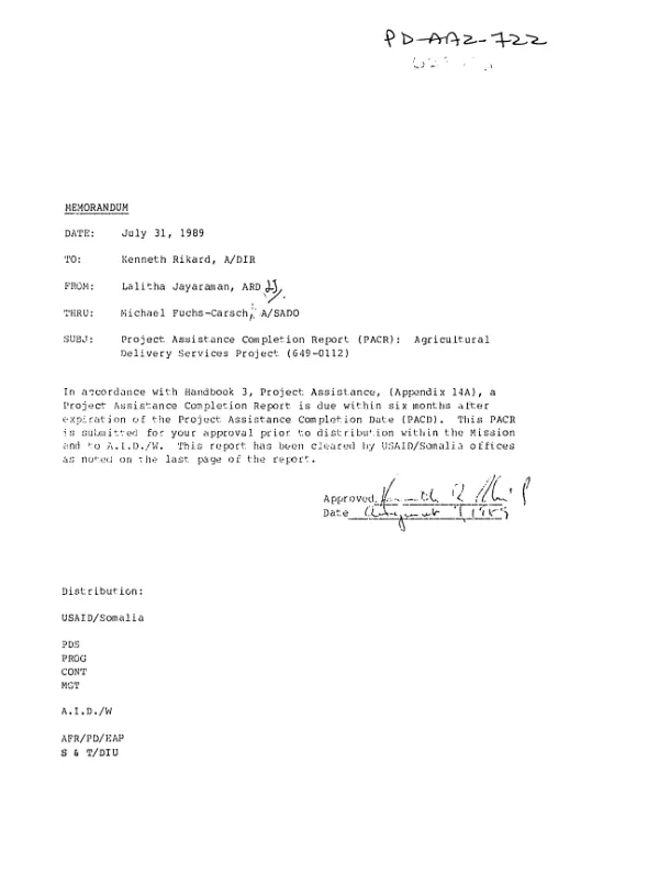 Project assistance completion report (PACR) : agricultural delivery services project (649-0112)