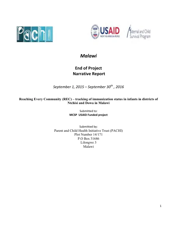 Malawi end of project narrative report : reaching every community (REC) - tracking of immunization status in infants in districts of Ntchisi and Dowa in Malawi, September 1, 2015 - September 30th, 2016