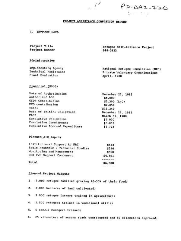 Project assistance completion report [: refugee self-reliance project 649-0123]