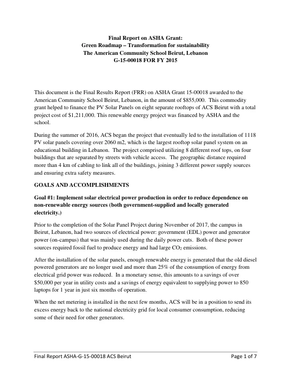 Final report on ASHA grant : green roadmap : transformation for sustainability The American Community School Beirut, Lebanon G-15-00018 for FY 2015