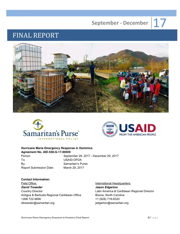 Final report : hurricane Maria emergency response in Dominica, agreement no. AID-538-G-17-00009