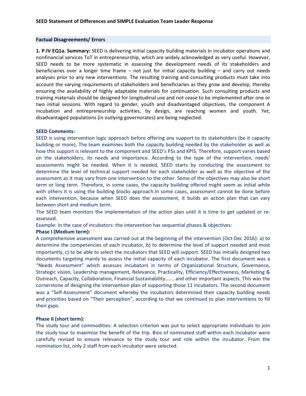 SEED statement of differences and SIMPLE evaluation team leader response