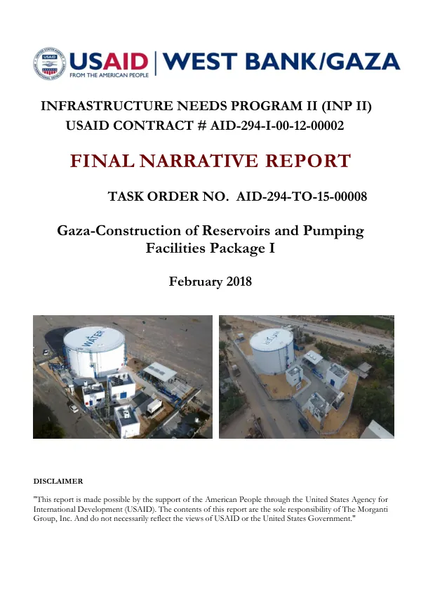 Final narrative report : task order no. AID-294-TO-15-00008 : Gaza-construction of reservoirs and pumping facilities package I