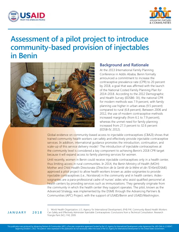 Assessment of a pilot project to introduce community-based provision of injectables in Benin