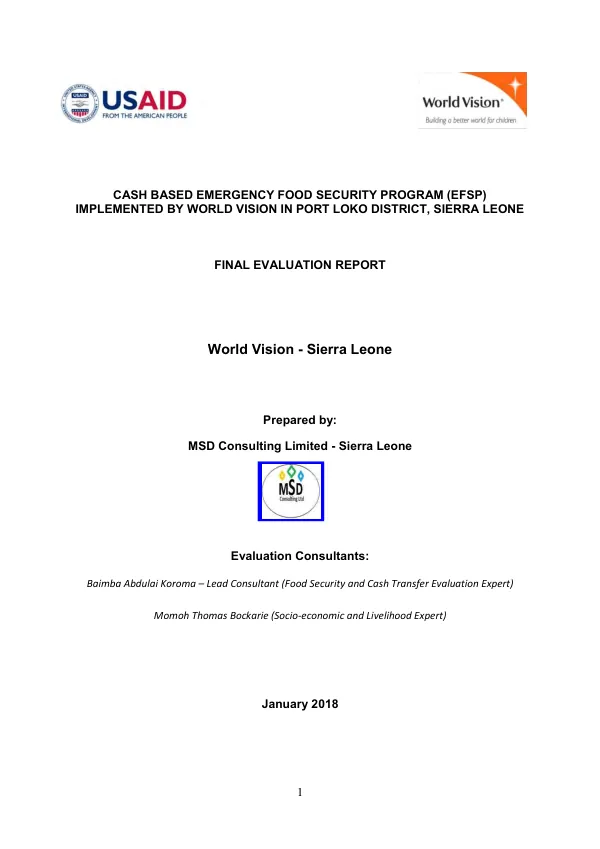 Cash based emergency food security program (EFSP) implemented by World Vision in Port Loko District, Sierra Leone : final evaluation report