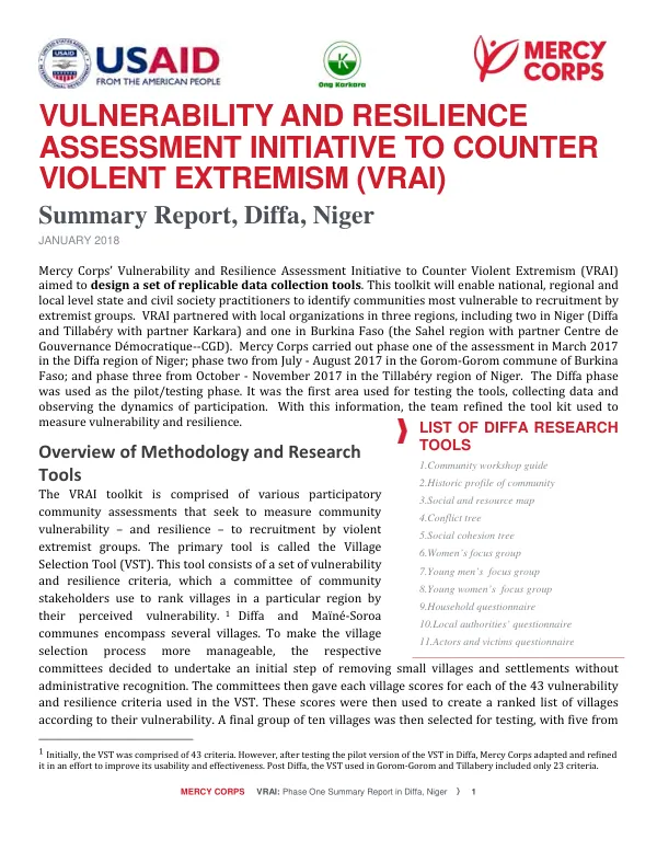Vulnerability and resilience assessment initiative (VRAI) : summary report, Diffa, Niger