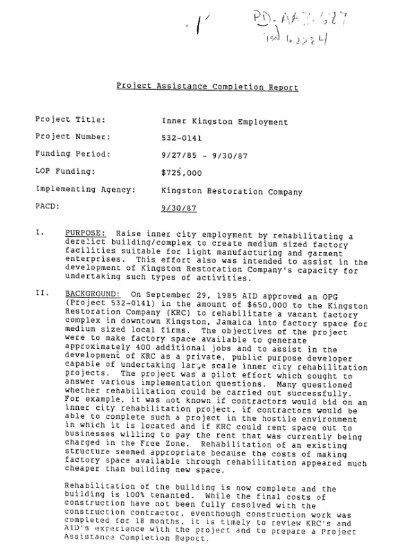 Project assistance completion report [: inner Kingston employment]