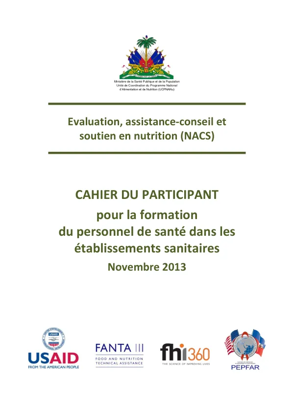 NACS: Cahier du Participant pour la Formation de Personnel de Sante dans les Etablissements Sanitaires